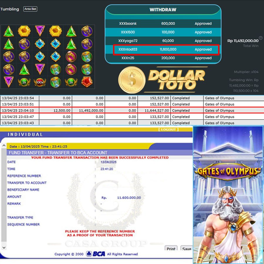 DOLLARTOTO BAWA HOKII! MENANG LAGI SEBESAR 11 JT DI GATES OF OLYMPUS!!