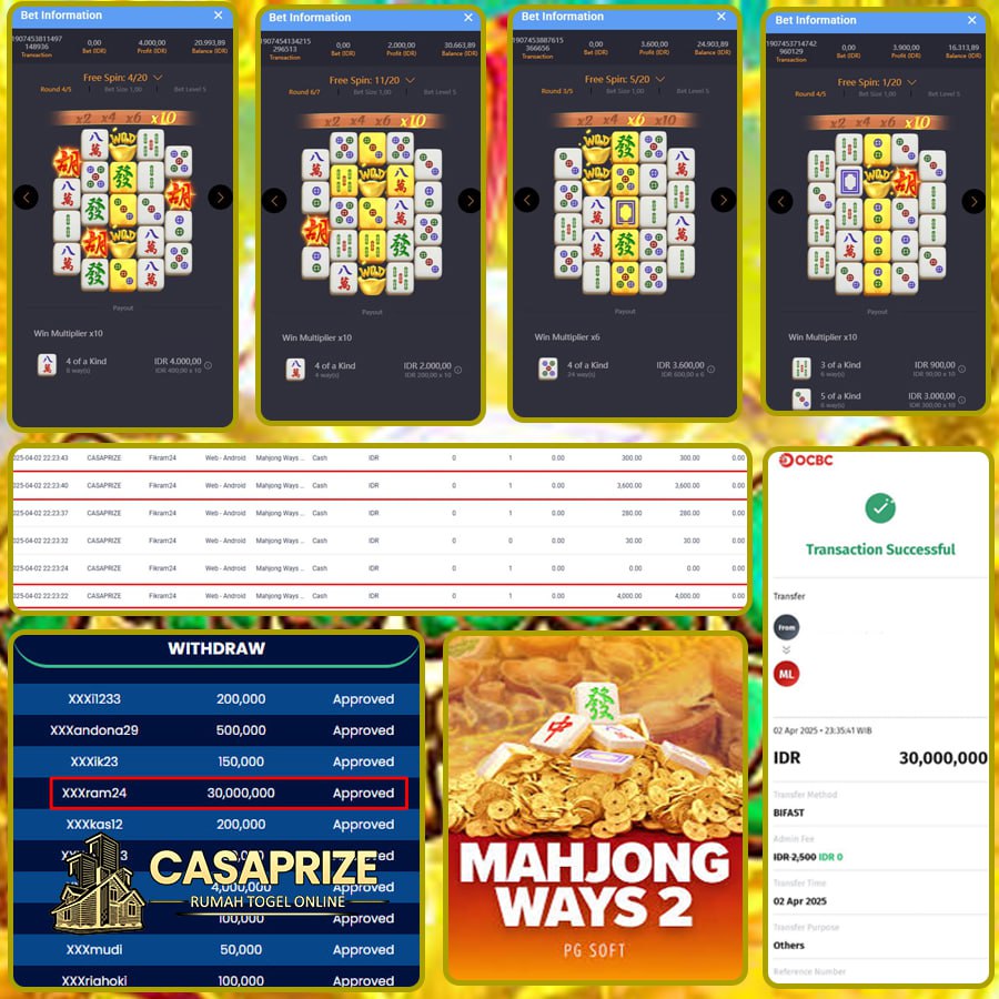 BIG WIN!! MENANG LAGI DI CASAPRIZE SEBESAR 30 JT DI MAHJONG WAYS 2