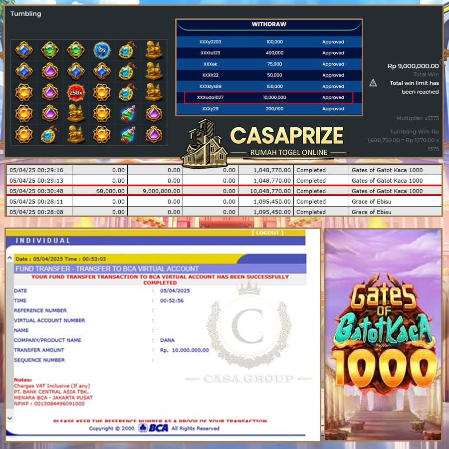 CASAPRIZE BAWA HOKI!! MENANG LAGI DI GATES OF GATOT KACA 1000 SEBESAR 10 JT !!