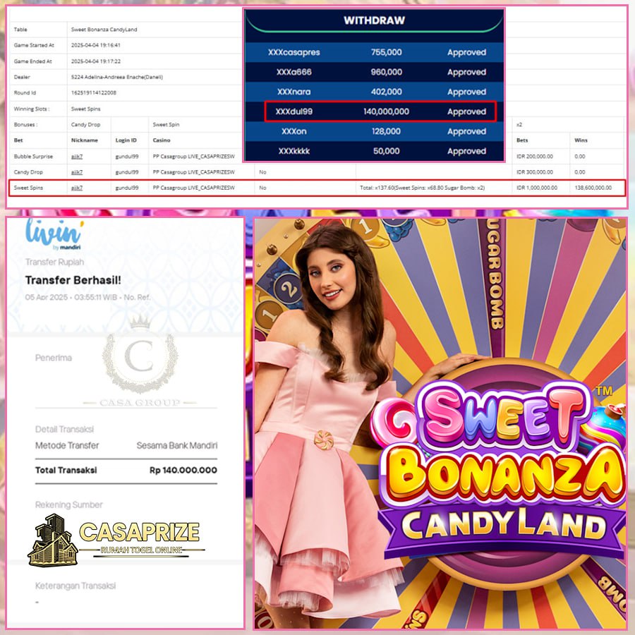 KEMENANGAN MELIMPAH DI SWEET BONANZA CANDYLAND SEBESAR 140JT DI CASAPRIZE!!