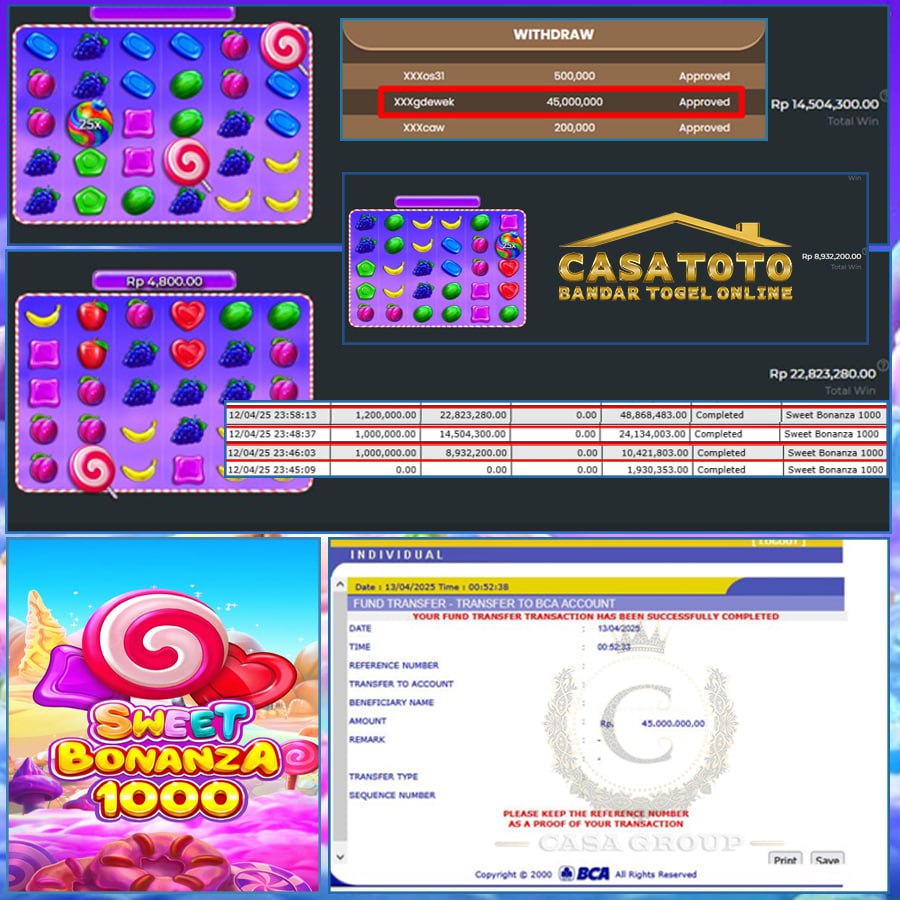 CUAN TERUS!! MENANG SEBESAR 45 JT DI SWEET BONANZA 1OOO DI CASATOTO!!
