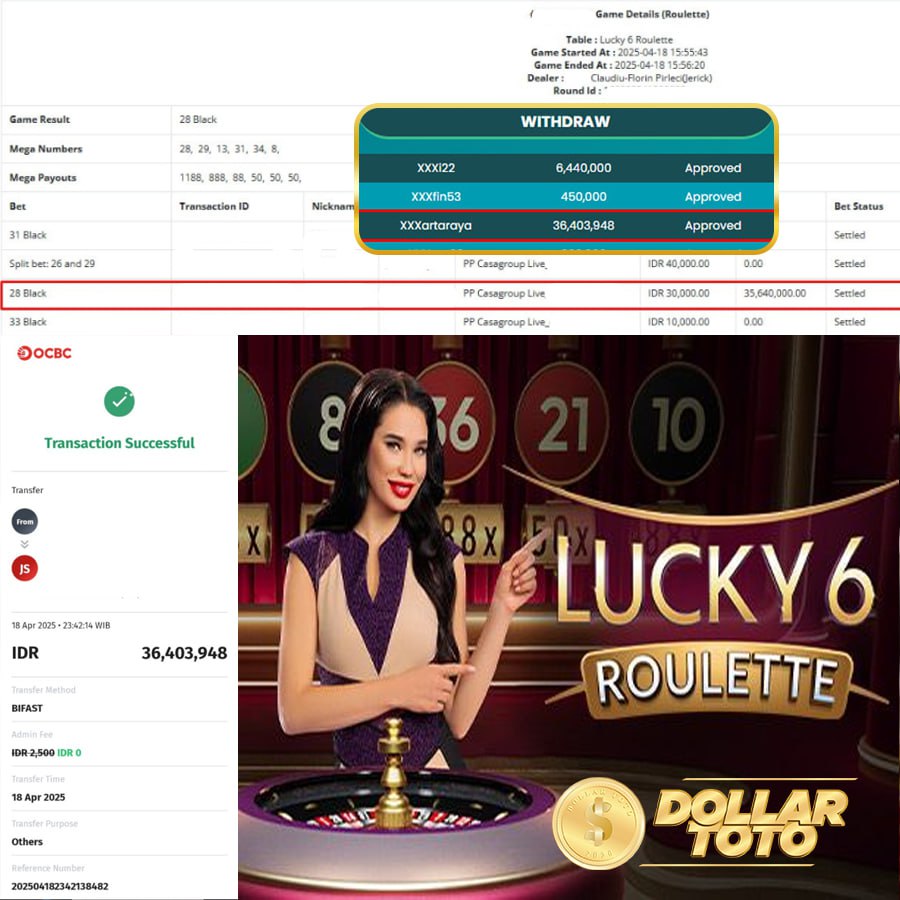 DOLLARTOTO JOSS TERUSS!! MENAGN SEBESAR 36 JT DI LUCKY 6 ROULETTE