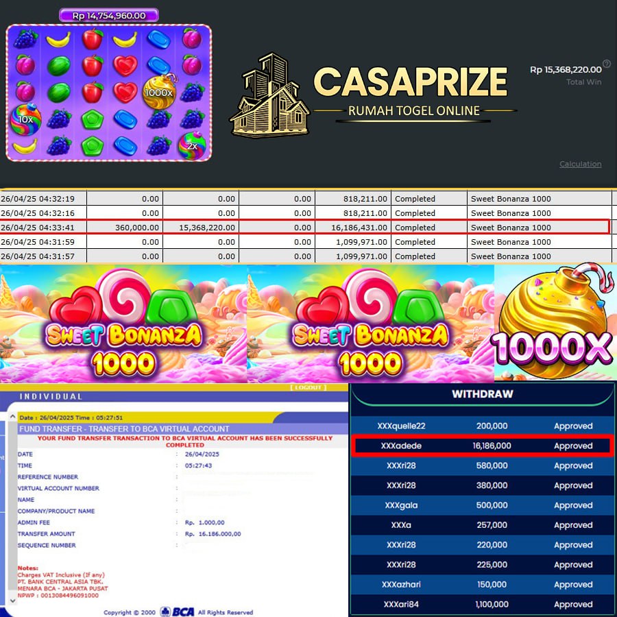 CASAPRIZE HOKII TERUSS!! MENANG LAGI SEBESAR 16 JT DI SWEET BONANZA 1000!!