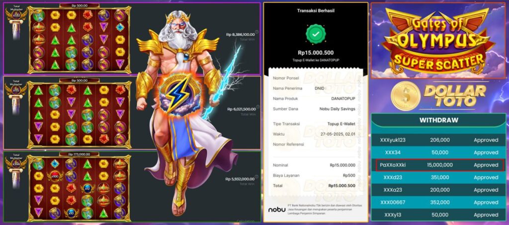DOLLARTOTO MELEDAK LAGI! GATES OF OLYMPUS SUPER SCATTER HANTAR JACKPOT 15JT!