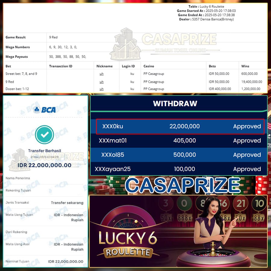 RAJA CASINO KEMBALI MENANG! LUCKY 6 ROULETTE GANDENG CUAN 22 JUTA!! CASAPRIZE EMANG JOSS!!