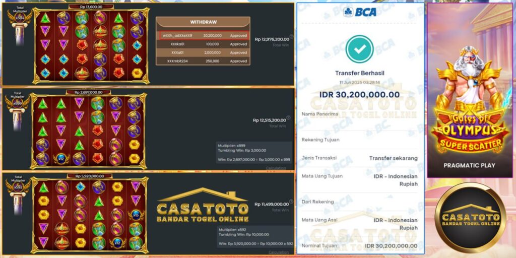 KEMENANGAN FANTASTI DI CASATOTO!! MENANG KEMBALI DI GATES OF OLYMPUS SUPER SCATTER SEBESAR 30 JT BOSSKU!!